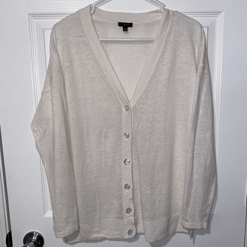 Talbots Women's Petite LP 100% Linen V-Neck Button Button-Up Cardigan Sweater